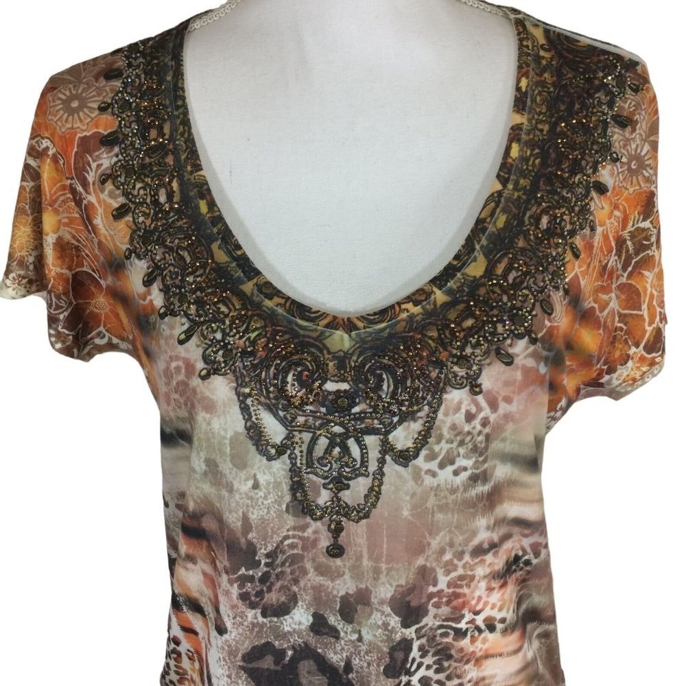 New Directions Womens Blouse Size Medium V-Neck Embellished Top Ruched Sides
